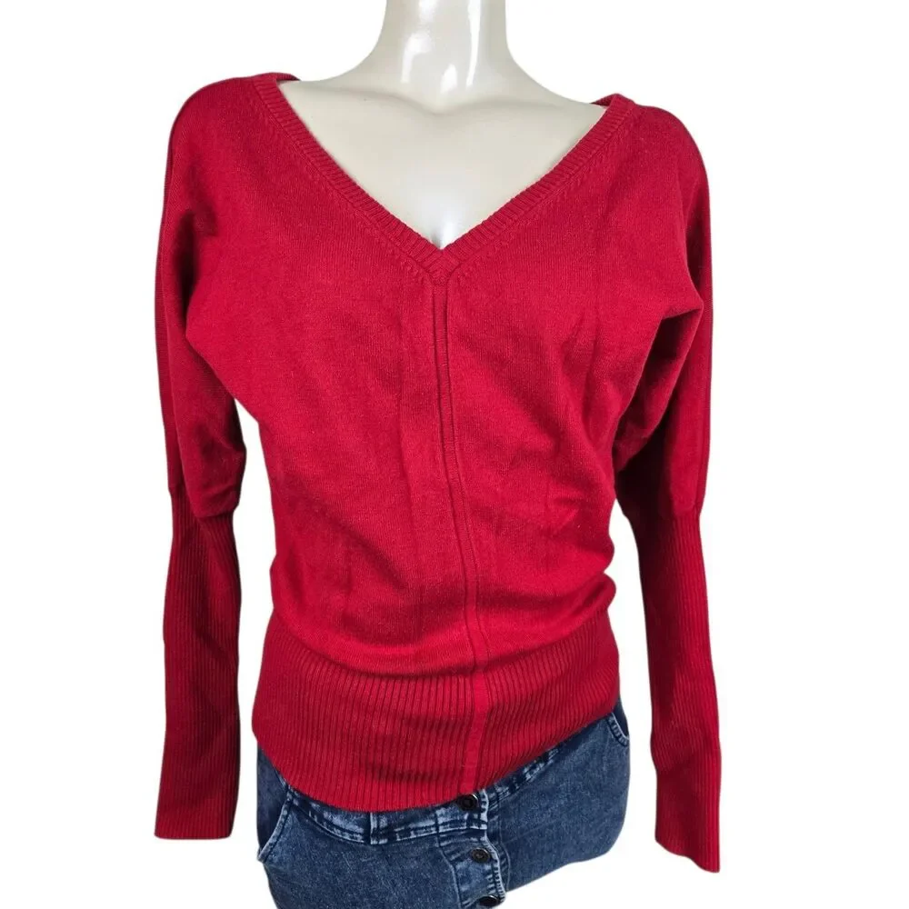 Boston Proper V-Neck Sweater XS Red Cashmere Silk Ribbed Waist & Sleeves